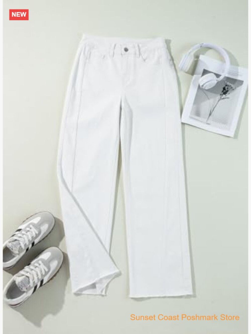 High Waisted Wide Leg Jeans with Raw Hem Stretchy Denim Pants - Picture 3 of 7